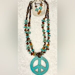 PEACE Turquoise Gemstone Beaded Pendant Necklace & Earrings Boho Unisex New